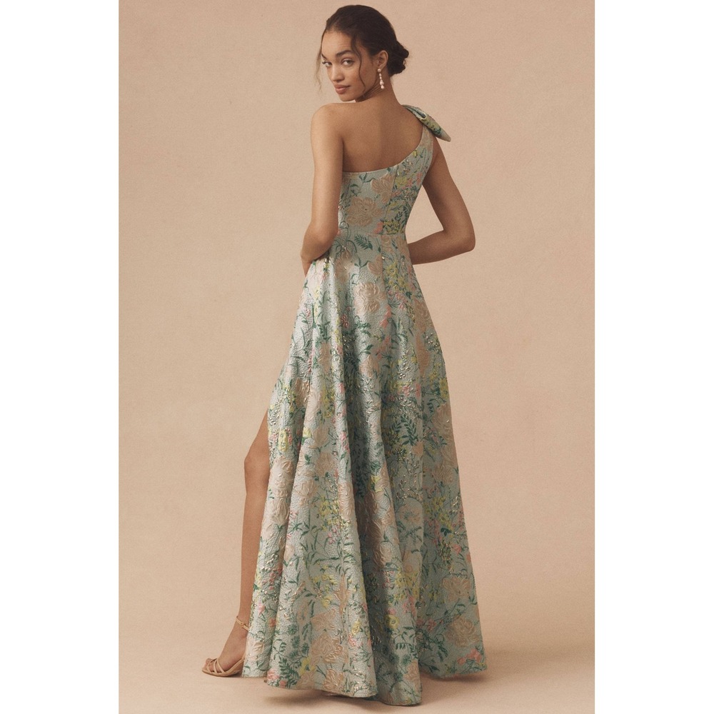 Mac Duggal One-Shoulder Floral Gown in Pastel Green and Pink - Picture 15 of 16